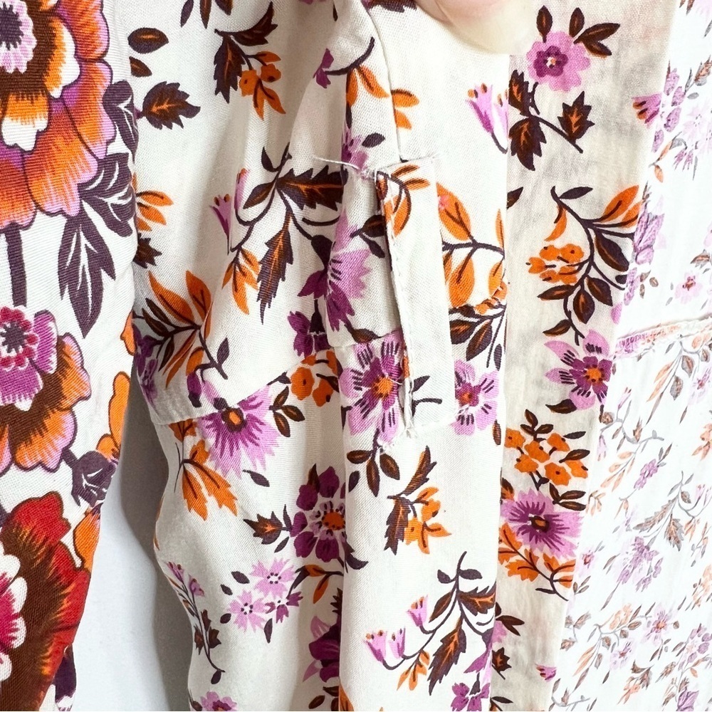 Beige boho cottagecore cotton floral kimono sleeve jacket duster robe - Picture 9 of 13